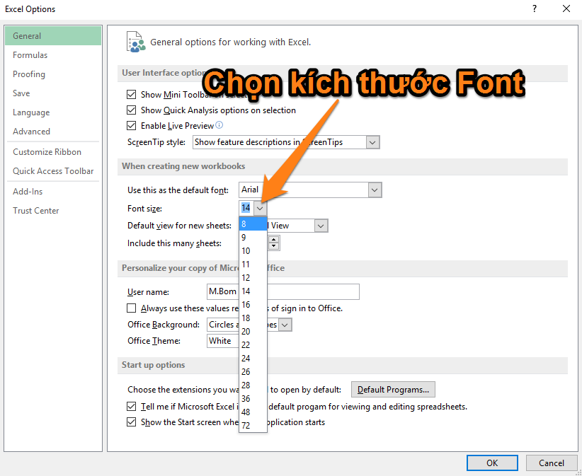 font mặc định trên excel